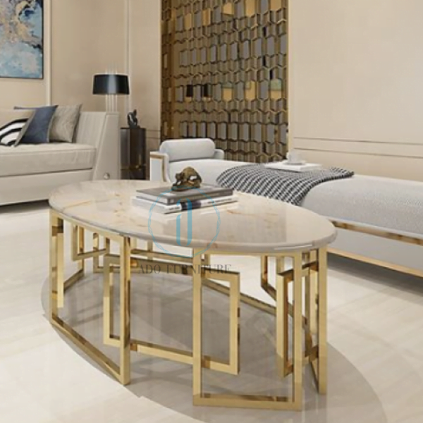 Bàn trà/ bàn sofa inox mạ PVD mặt đá Ado 014