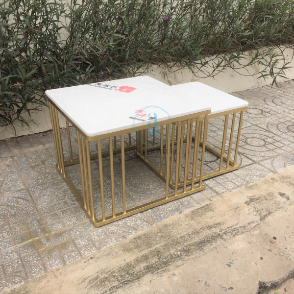 Bàn trà/ bàn sofa cặp mặt đá trắng Ado 019