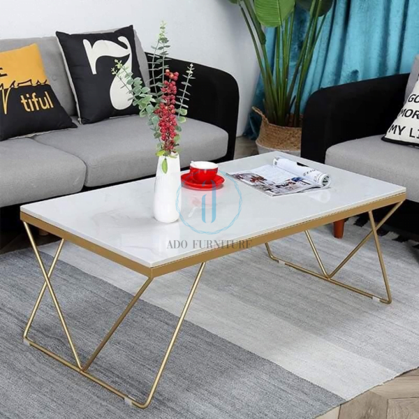 Bàn trà/ bàn sofa chữ nhật mặt đá trắng Ado 038