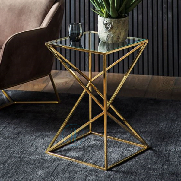 Tap sofa/ bàn góc inox mặt kiếng mạ vàng Ado 062