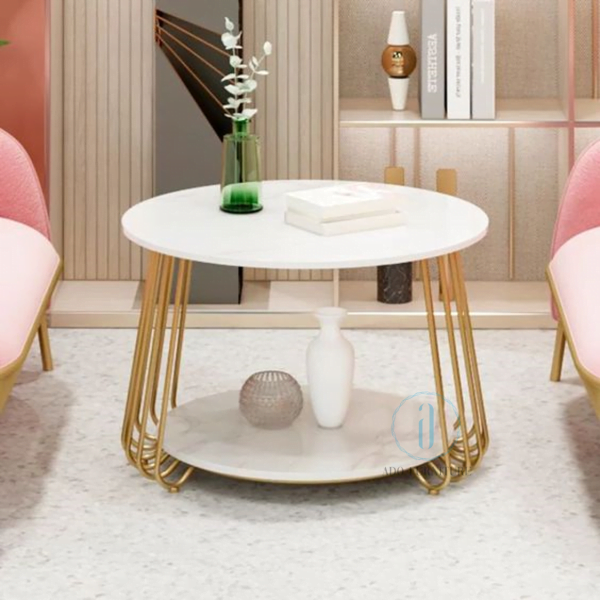 Bàn trà/ Bàn sofa tròn 2 tầng mặt đá trắng Ado 070