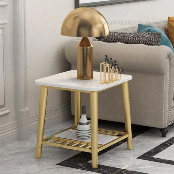 Bàn sofa/ Bàn góc sofa mặt đá trắng khung sắt Ado 067