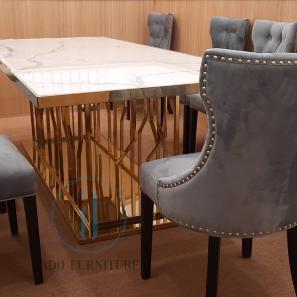 Bàn ăn inox mạ PVD mặt đá trắng khổ lớn 024