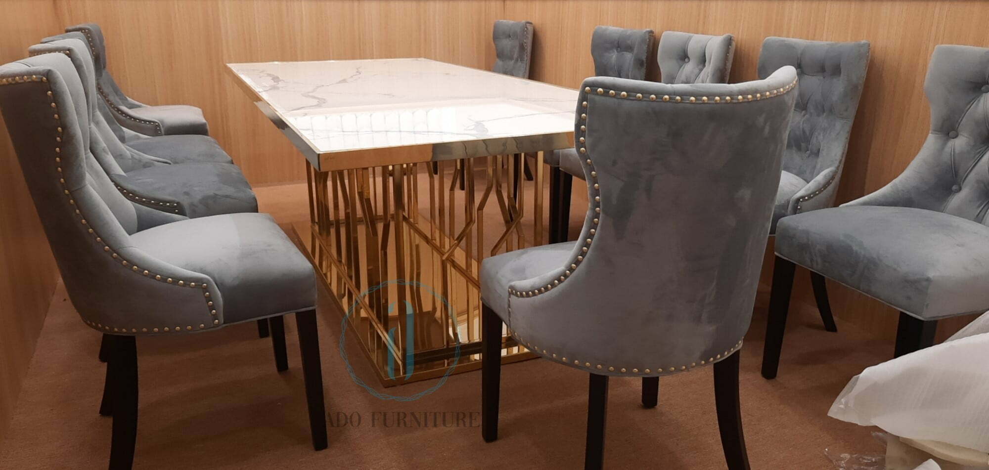 Bàn ăn inox mạ PVD mặt đá trắng khổ lớn 024