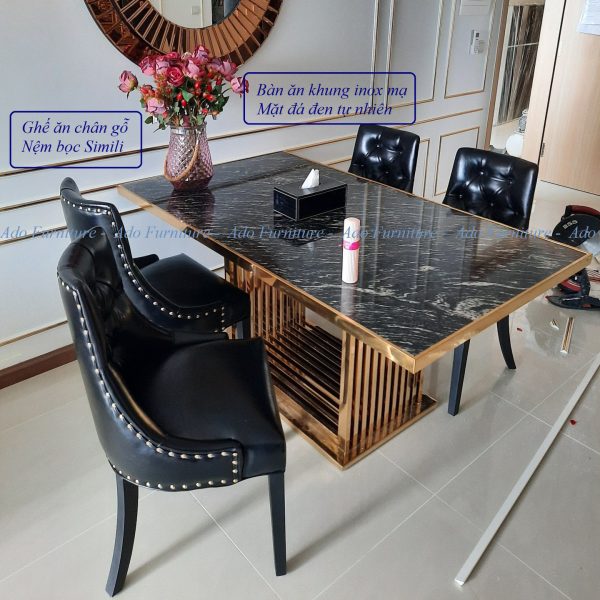 Bàn ăn mặt đá đen khung mạ PVD 020
