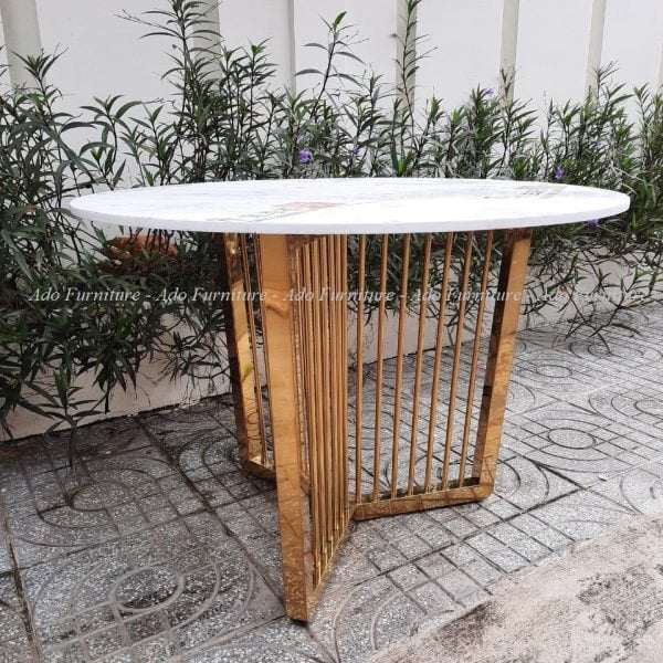 Bàn ăn tròn chân inox mạ mặt đá trắng 022