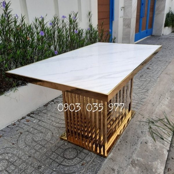 Bàn ăn chữ nhật khung mạ vàng mặt đá trắng 023